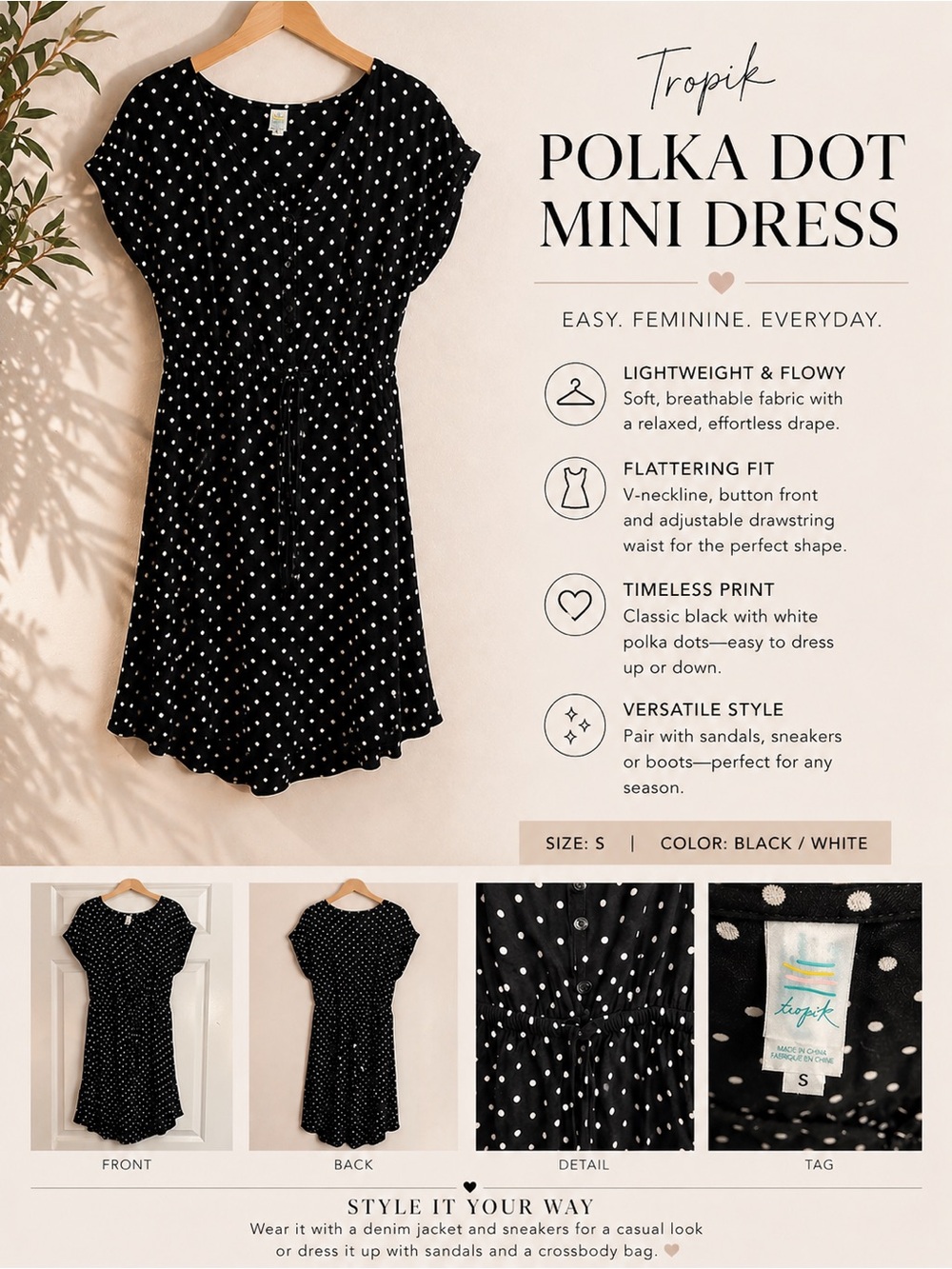 🌸 4/$20 Sale  -Tropik Polka Dot Mini Dress | Black & White | V-Neck  | Size S